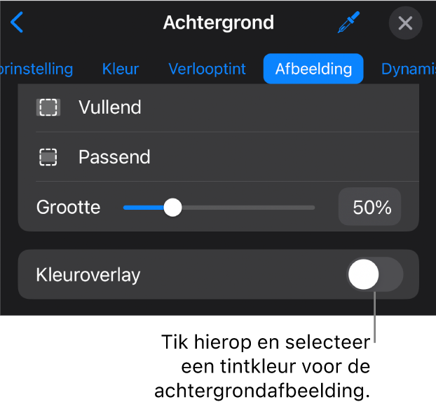 De achtergrondregelaars; als dia-achtergrond is een afbeelding ingesteld en onderaan staat de regelaar 'Kleuroverlay'.