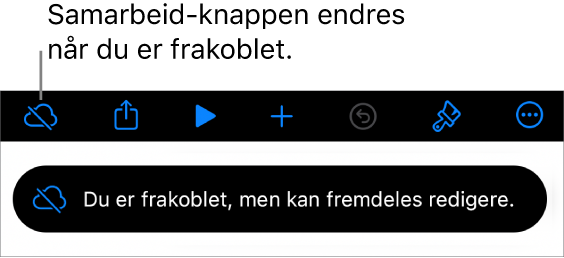 Knappene øverst på skjermen, med Samarbeid-knappen endret til en sky med en diagonal linje gjennom. Et varsel på skjermen sier «Du er frakoblet, men kan fremdeles redigere.»