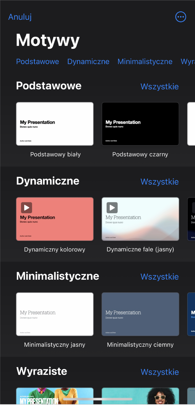 Paleta motywów z widocznym na górze wierszem kategorii, w które możesz stuknąć, aby filtrować dostępne motywy. Poniżej widoczne są miniaturki gotowych motywów uporządkowane wierszami według kategorii.