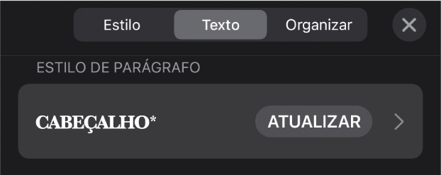 Um estilo de parágrafo com um asterisco ao lado e um botão Atualizar à direita.