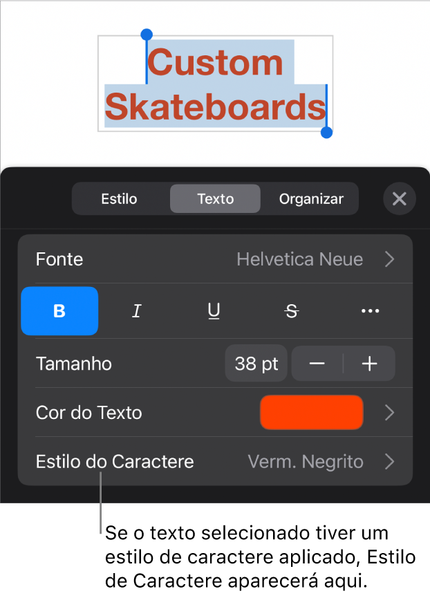 Os controles de formatação de texto com “Estilo de Caractere” abaixo dos controles de cor. O estilo de caractere Nenhum aparece com um asterisco.