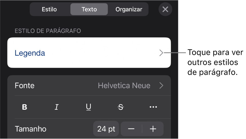 O menu Formatar, mostrando controles de texto para definir estilo, fonte, tamanho e cor de caractere e parágrafo.