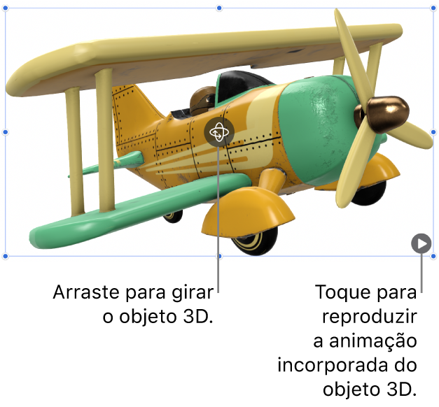 Objeto 3D com o botão Girar no meio do objeto e o botão Reproduzir no canto inferior direito.