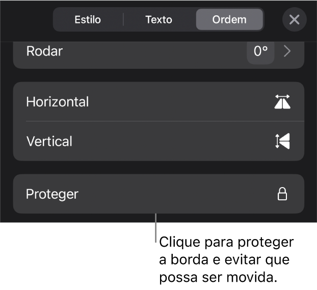 Os controlos de “Ordem” no menu “Formatação” com uma chamada para o botão “Proteger”.