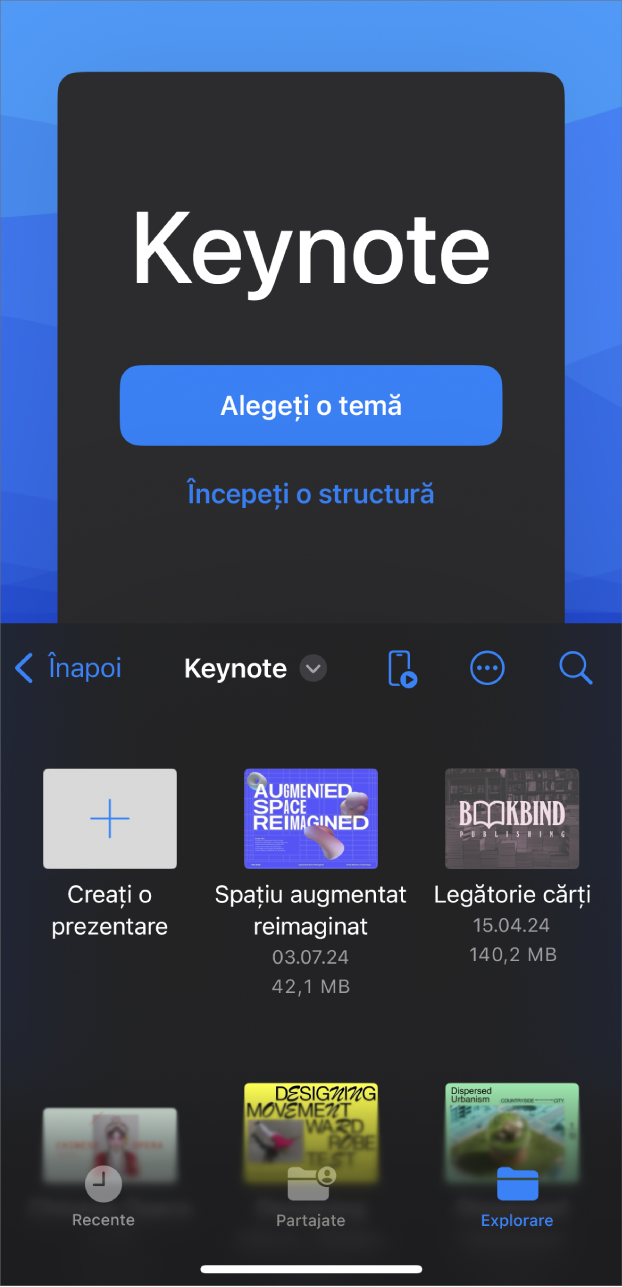 Gestionarul de documente Keynote cu butoane pentru crearea unei diaporame pe baza unei teme sau a unei structuri în partea de sus a ecranului și comenzi pentru deschiderea prezentărilor salvate în partea de jos.