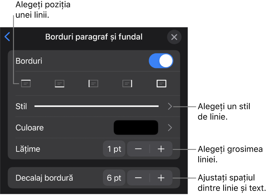 Comenzile pentru schimbarea stilului, grosimii, poziției și culorii liniei.