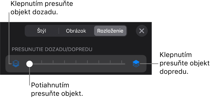 Tlačidlo Presunúť dozadu, tlačidlo Presunúť dopredu a posuvník vrstiev.