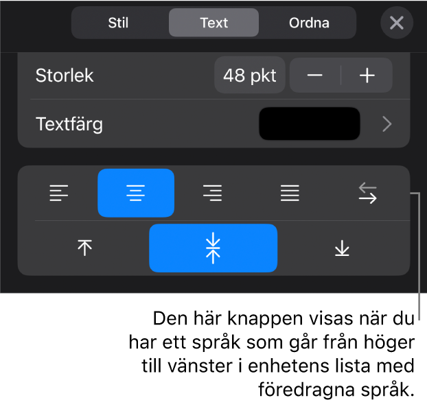 Textreglage i menyn Format med en pil mot höger-till-vänsterknappen.