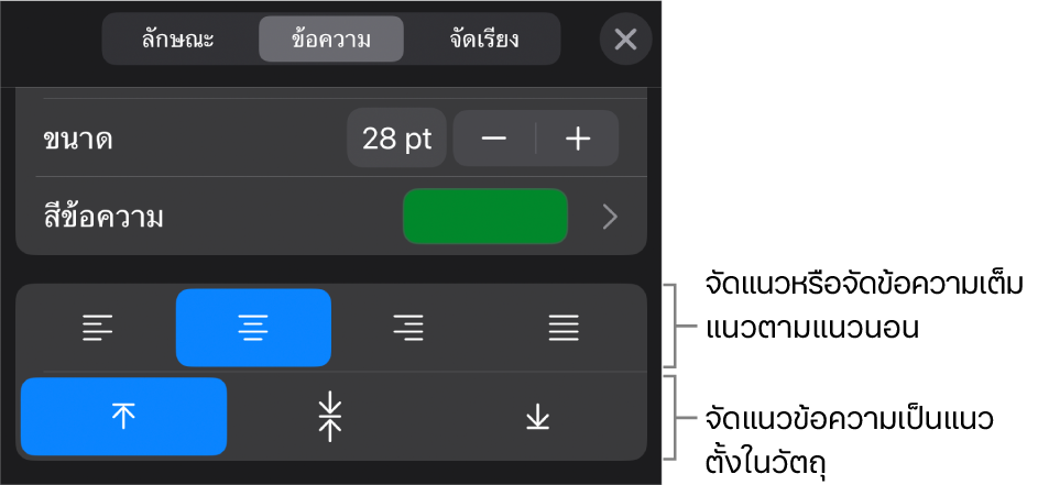 ส่วนการจัดแนวของตัวตรวจสอบรูปแบบที่มีคำอธิบายปุ่มการจัดแนวข้อความ