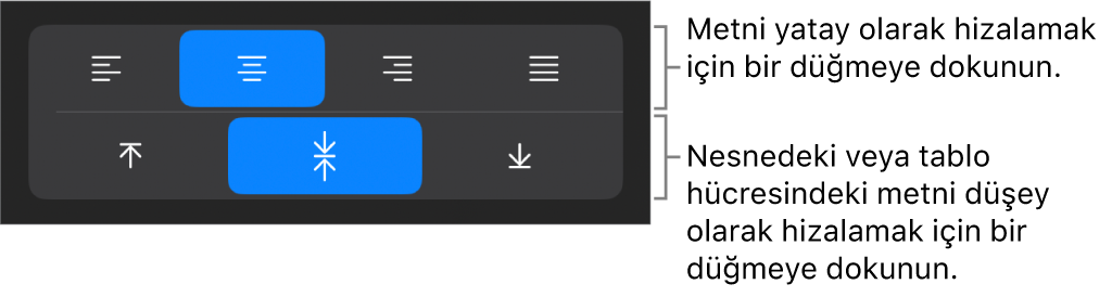 Metin için yatay ve düşey hizalama düğmeleri.