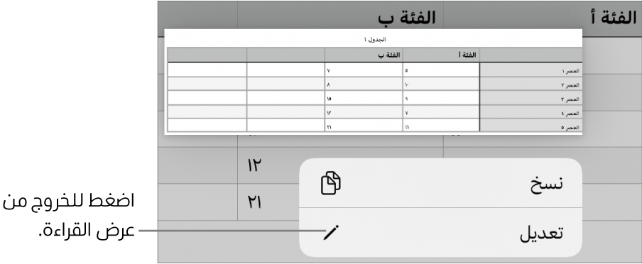 خلية جدول محددة، وتوجد فوقها قائمة تحتوي على الزرين نسخ وتعديل.