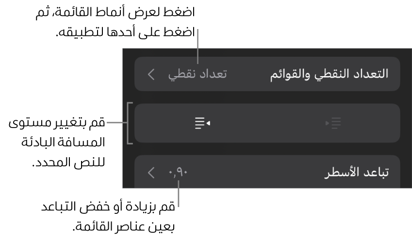 قسم التعداد النقطي والقوائم في عناصر التحكم في التنسيق مع وسائل شرح للتعداد النقطي والقوائم وزرا مسافة بادئة يسار ومسافة بادئة يمين وعناصر التحكم في تباعد الأسطر.