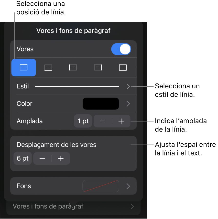 Controls per canviar l’estil, el gruix, la posició i el color de la línia.