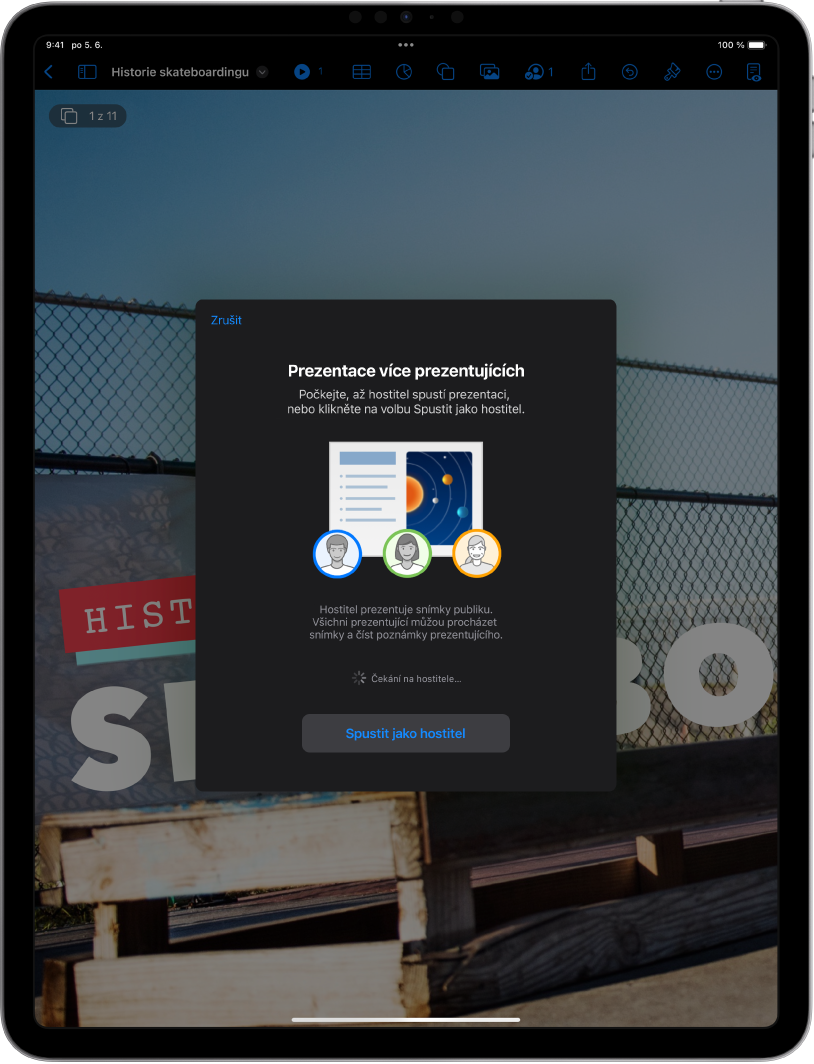 Okno představující prezentace s více prezentujícími a tlačítkem „Spustit jako hostitel“ dole.