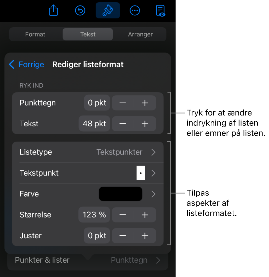 Menuen Rediger listeformat med betjeningsmuligheder til redigering af listens type og udseende.