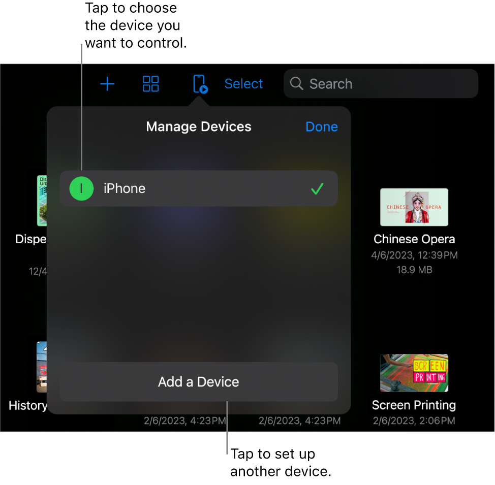 The Manage Devices popover, showing the Add a Device link.