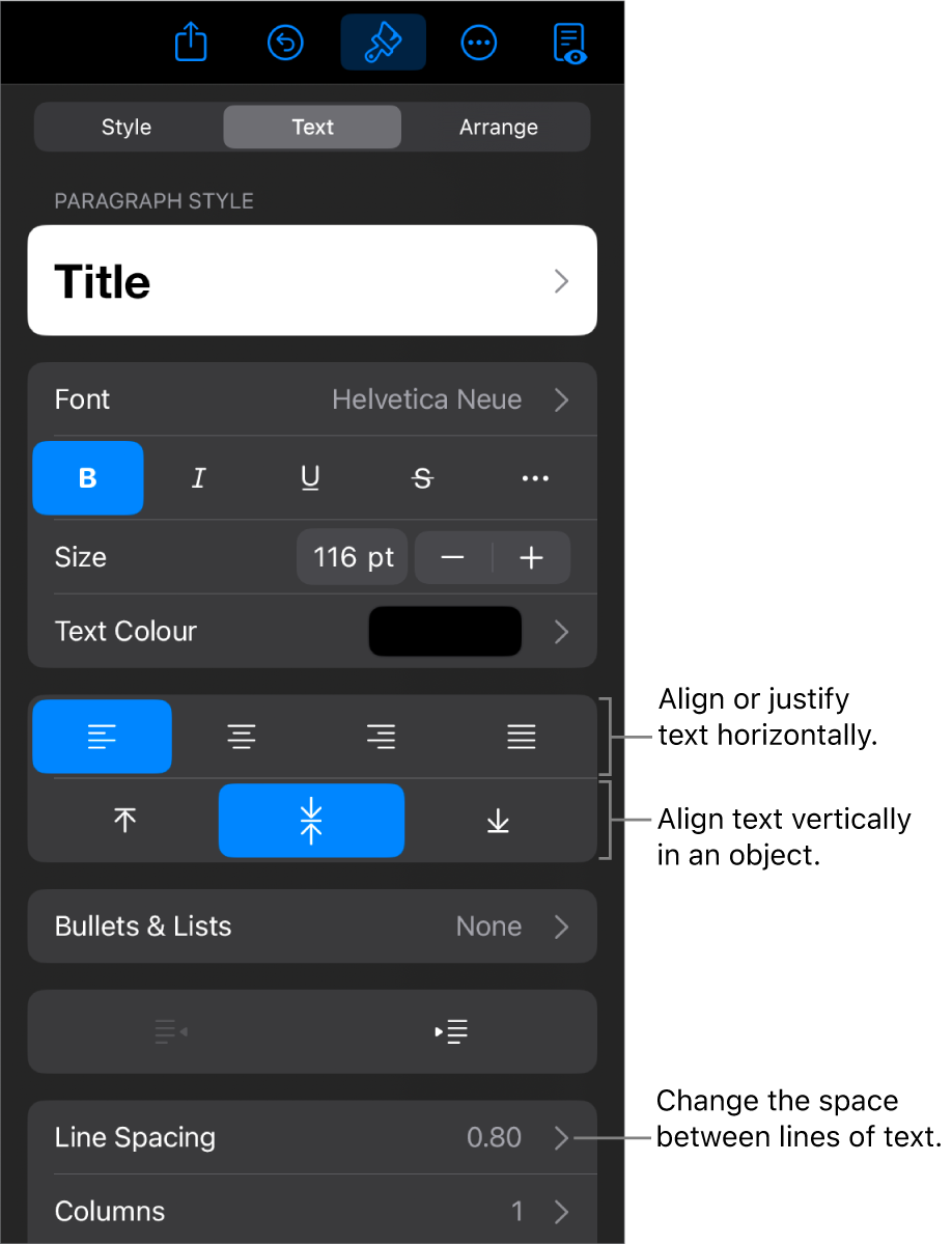 The Layout pane with a call out to the text alignment and spacing buttons.