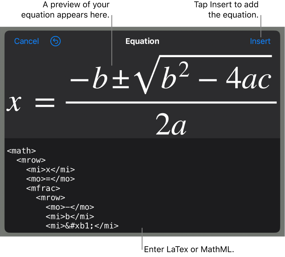 The Equation dialogue, showing an equation written using MathML commands and a preview of the formula above.