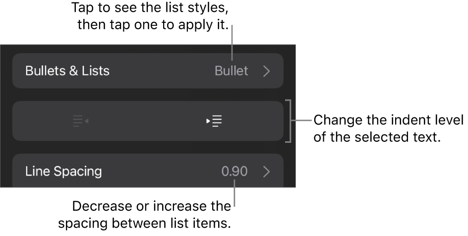 The Bullets & Lists section of the Format controls with callouts to Bullets & Lists, outdent and indent buttons, and line spacing controls.