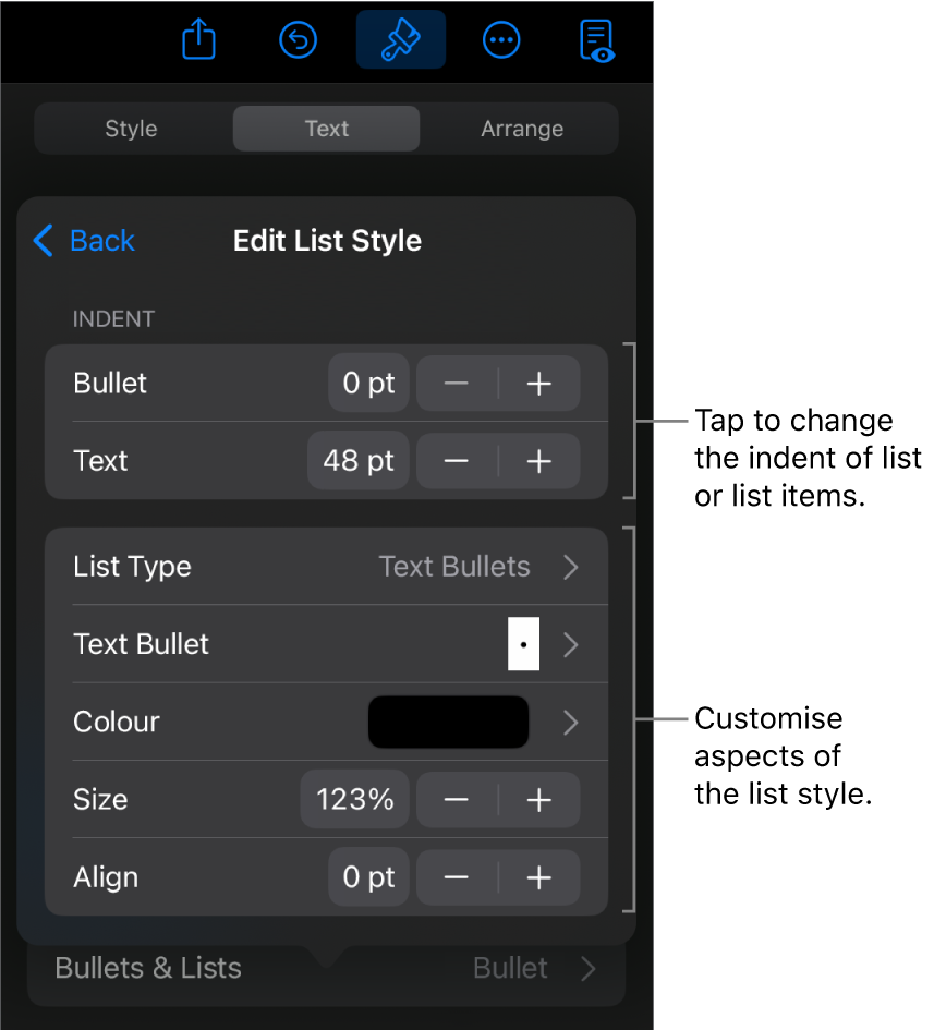 Edit List Style menu with controls for editing the list’s type and appearance.