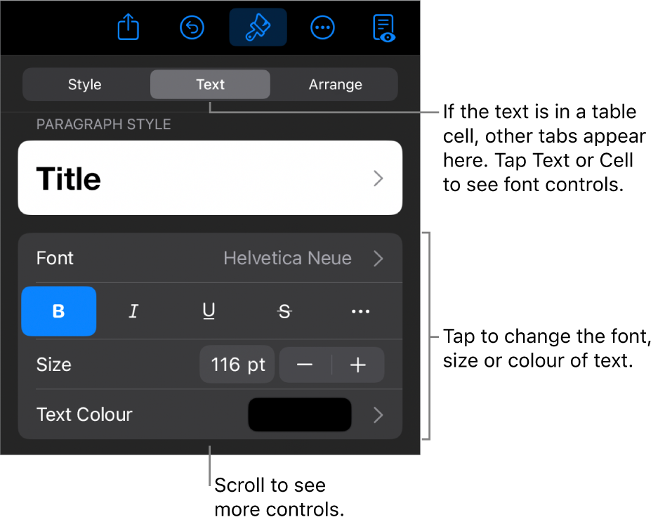 Text controls in the Format menu for setting paragraph and character styles, font, size and colour.