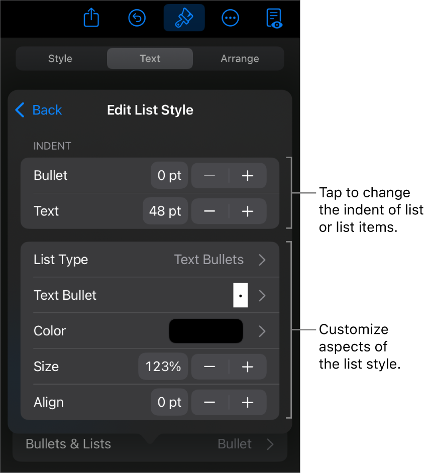 Edit List Style menu with controls for editing the list’s type and appearance.