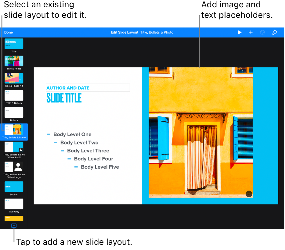 A slide layout showing on the slide canvas, with the Add Slide Layout button at the bottom of the slide navigator.