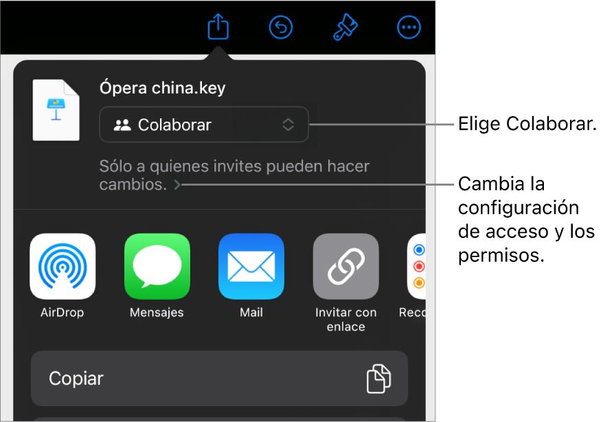 El menú Compartir con la opción Colaborar seleccionada en la parte superior, y la configuración de acceso y permisos debajo.