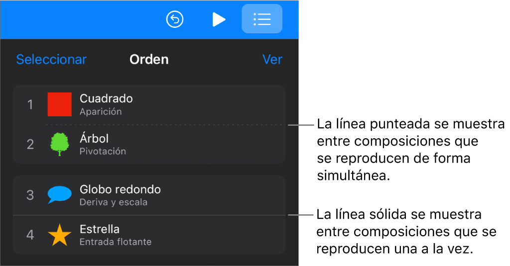 El menú Orden de composición, con una línea de puntos entre las composiciones que se reproducirán simultáneamente y una línea sólida entre las composiciones que se reproducen en orden secuencial.