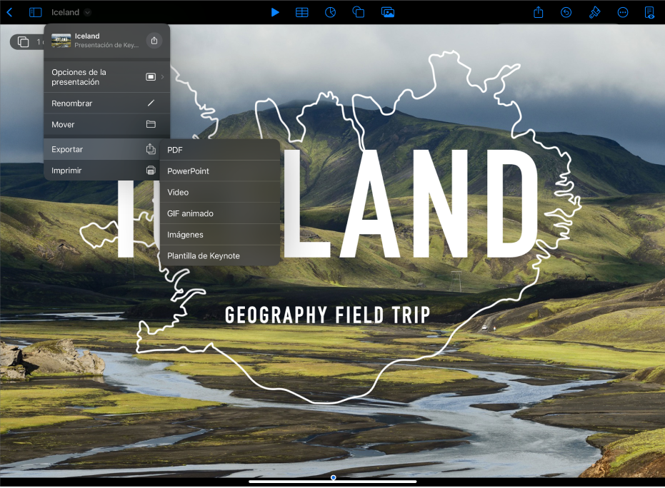 La app Keynote con las opciones Exportar abiertas en el menú Acciones en la barra lateral.