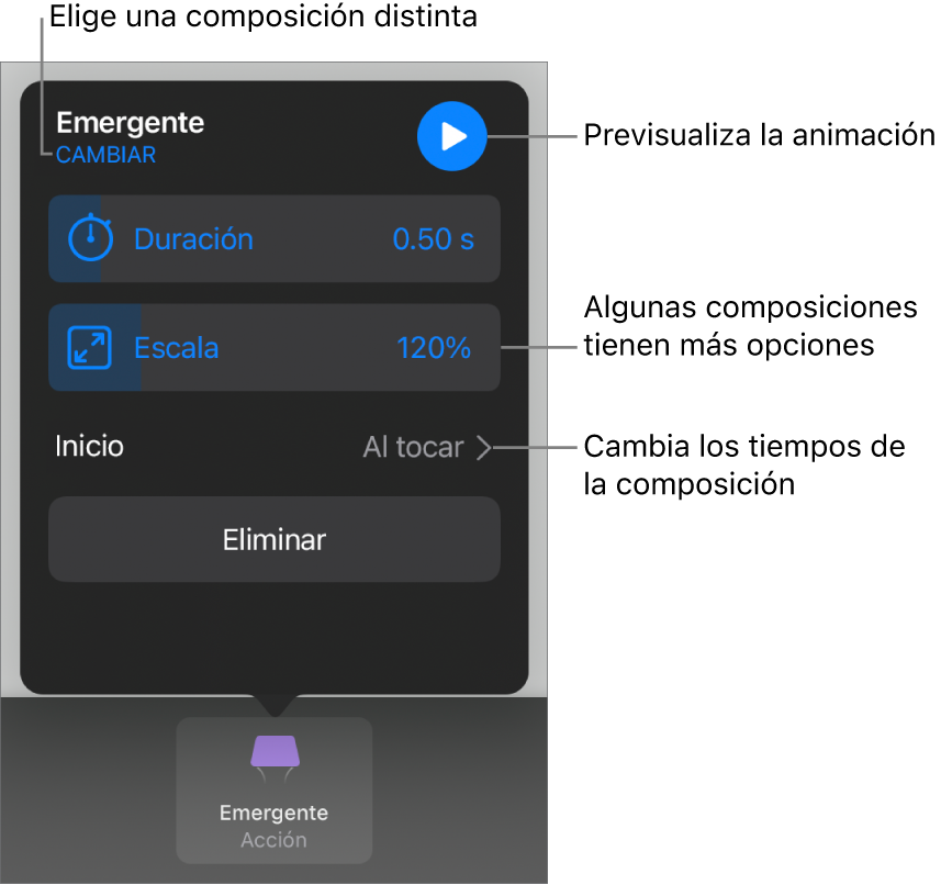 Las opciones de composición incluyen los tiempos de Duración e Inicio. Toca Cambiar para seleccionar una composición distinta, o toca Vista previa para obtener una vista previa de la composición.