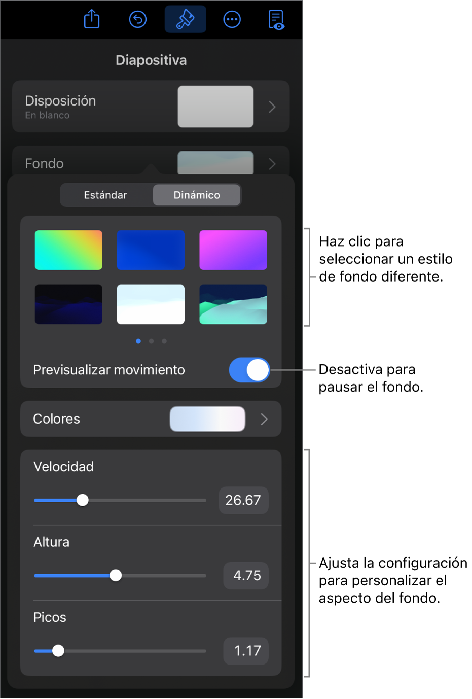 Los controles de fondo dinámico con las miniaturas de estilo de fondo, el botón Previsualizar movimiento y los controles de personalización.