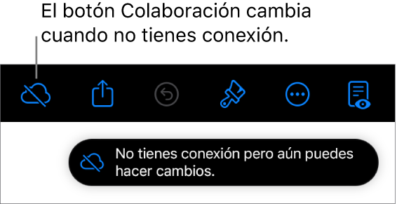 Los botones en la parte superior de la pantalla, donde el botón Colaboración cambió a una nube con una línea diagonal que la atraviesa. Una alerta en la pantalla muestra el mensaje: No tienes conexión pero aún puedes hacer cambios.