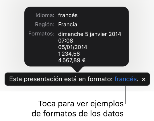 La notificación del ajuste de idioma y formato distinto, con ejemplos del formato en ese idioma y región.