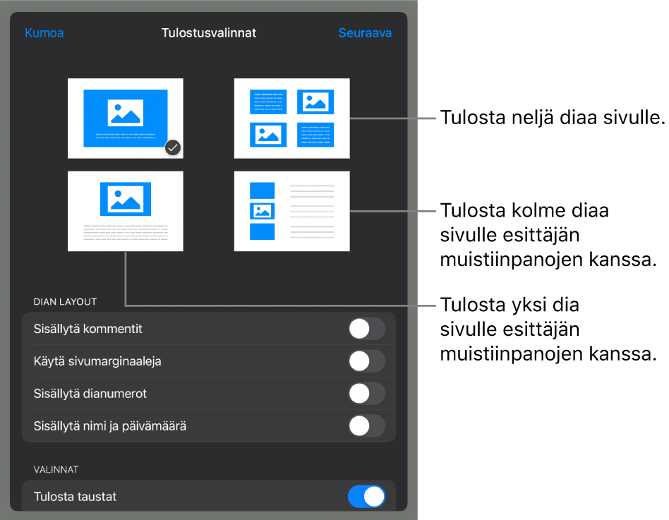 Tulostuksen asettelun valinnat.