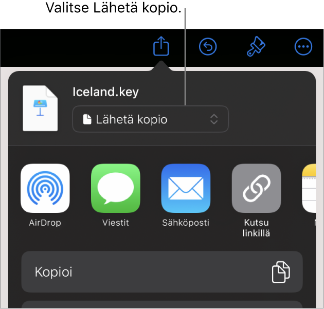 Jaa-valikko, jossa on ylhäällä valittuna Lähetä kopio.