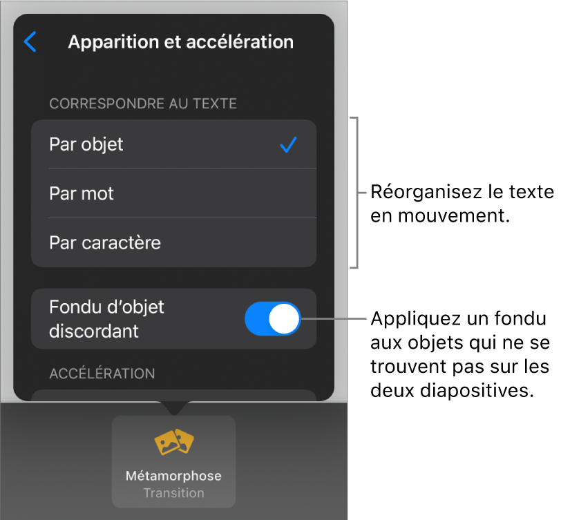 Options d’apparition et d’accélération Métamorphose dans la sous-fenêtre Accélération.