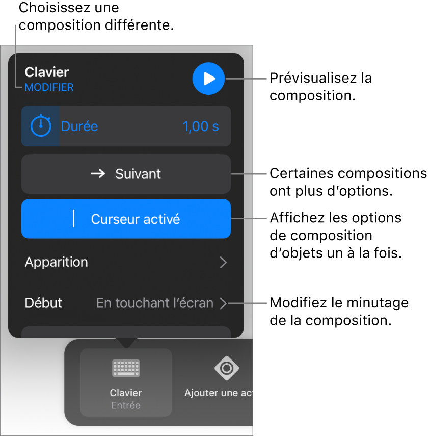 Les options de composition comprennent les minutages Durée, Apparition et Début. Touchez Modifier pour choisir une composition différente, ou touchez Aperçu pour la prévisualiser.