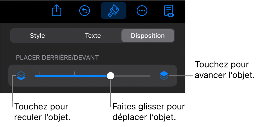 Le bouton de déplacement vers l’arrière, le bouton de déplacement vers l’avant et le curseur de superposition.