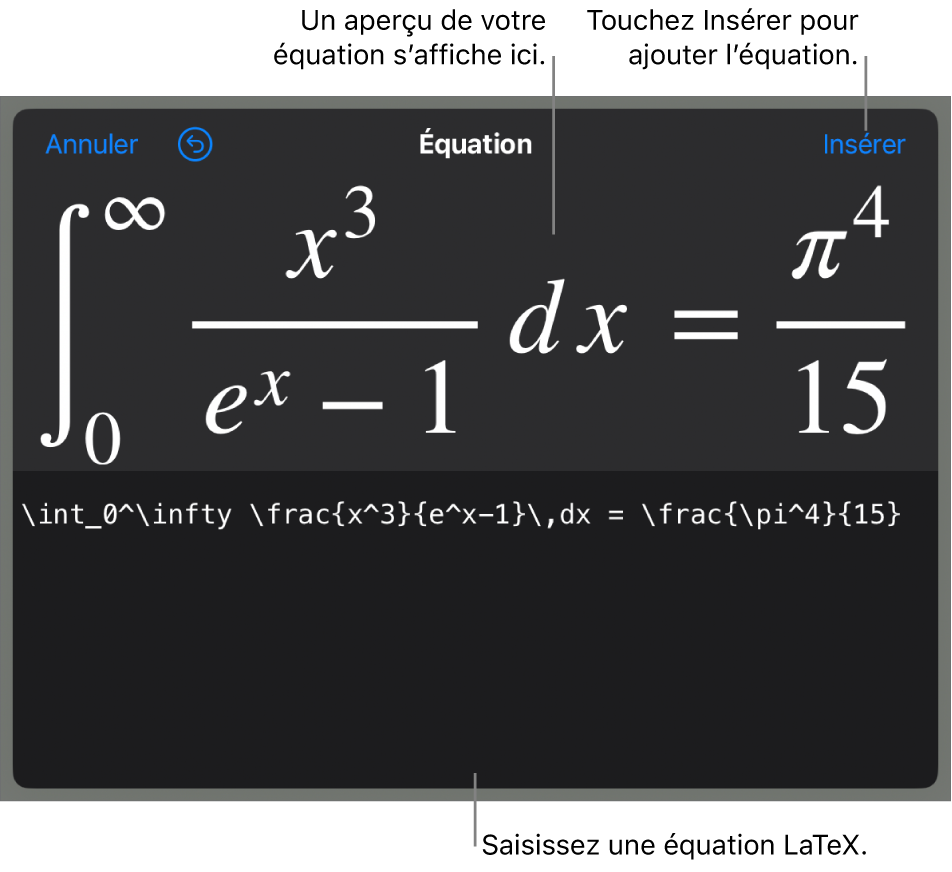 Zone de dialogue Équation, affichant une équation composée à l’aide des commandes LaTeX, et un aperçu de la formule au-dessus.