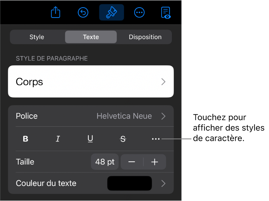 Les commandes de mise en forme avec les styles de paragraphe en haut, suivis des commandes de police. En dessous de Police se trouvent les boutons Gras, Italique, Souligné, Barré et « Plus d’options de texte ».