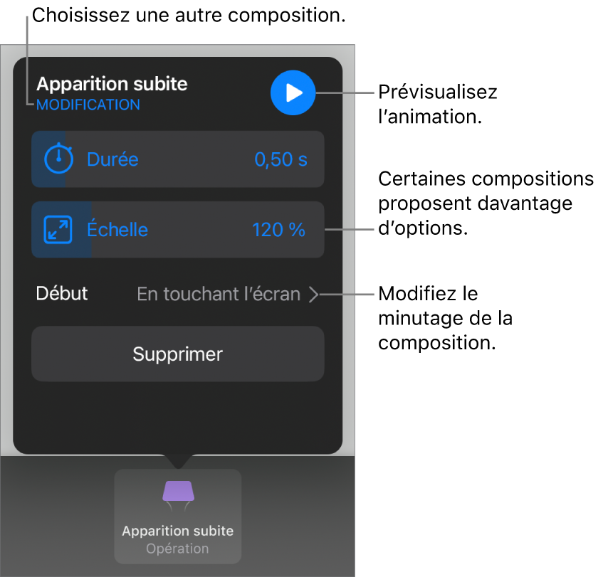 Les options de composition comprennent les options de minutage Durée et Début. Touchez Modifier pour sélectionner une autre composition ou touchez Aperçu pour afficher un aperçu de la composition.