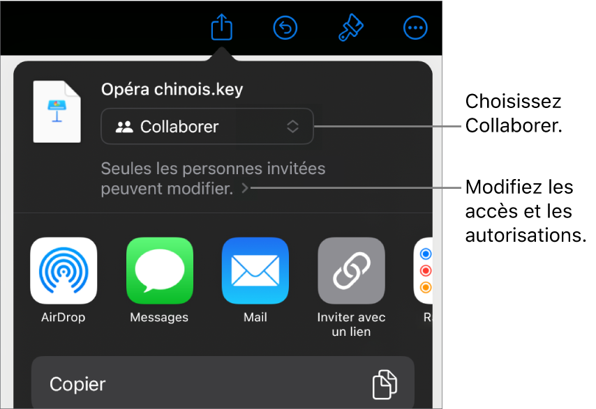 Le menu Partager avec l’option Collaborer sélectionnée en haut, et des réglages d’accès et d’autorisation en dessous.