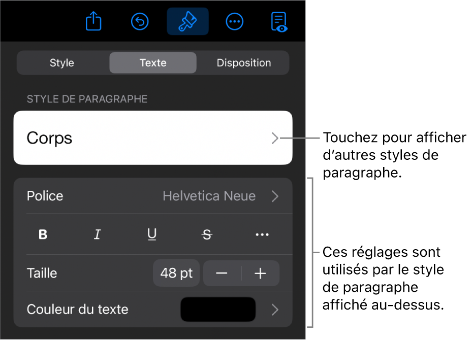 Menu Format montrant les commandes de texte permettant de définir les styles, la police, la taille et la couleur des paragraphes et des caractères.