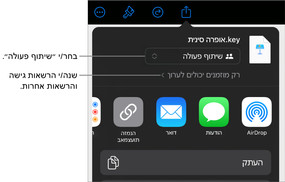 תפריט השיתוף כאשר האפשרות ״שיתוף פעולה״ נבחרת בחלק העליון ומתחתיה הגדרות הגישה וההרשאות.