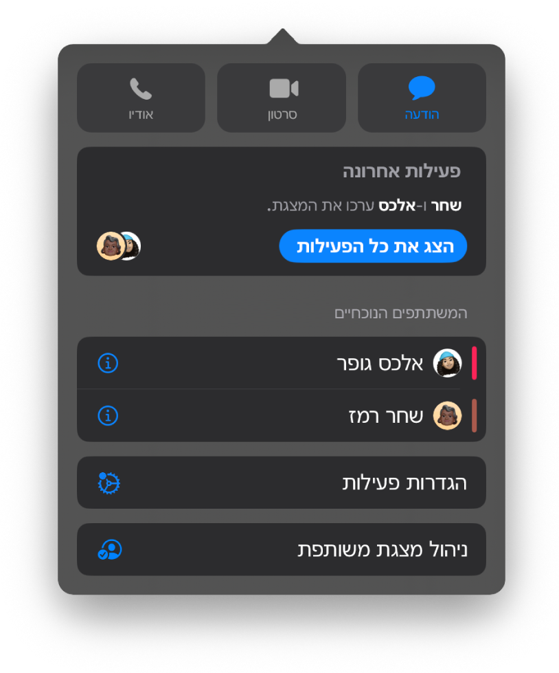 תפריט ״שיתוף פעולה״ מראה את שמות האנשים המשתפים פעולה בעבודה על המצגת.