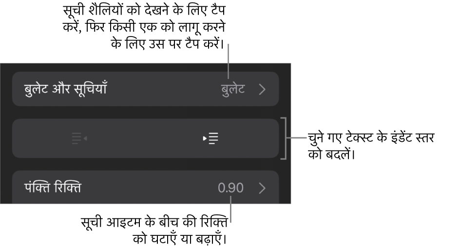 “बुलेट और सूचियाँ”, आउटडेंट और इंडेंट बटन और पंक्ति रिक्ति नियंत्रण के कॉलआउट के लिए फ़ॉर्मैट नियंत्रणों का “बुलेट और सूचियाँ” सेक्शन।