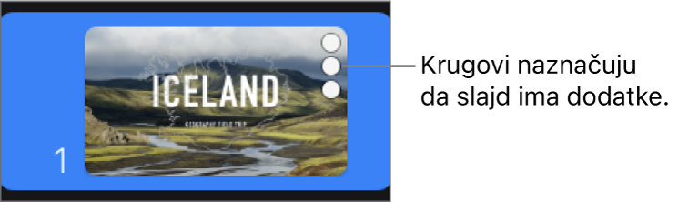 Slajd s tri kruga u gornjem desnom kutu koji označuju da slajd sadrži dodatke.
