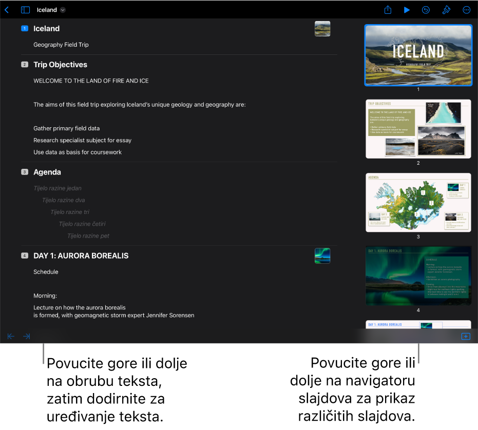 Prikaz strukture sa strukturom teksta s lijeve strane zaslona i okomitim navigatorom slajdova s desne strane.
