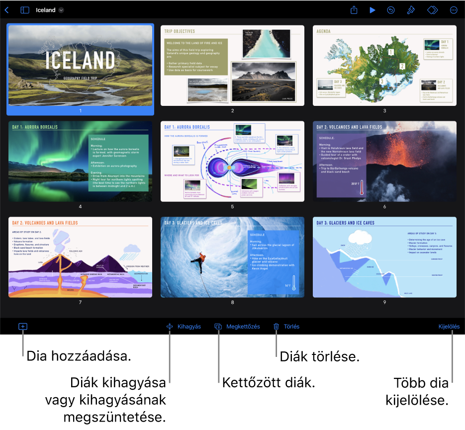 Az átvilágítóasztal-nézet a képernyő alján lévő gombokkal, amelyek diák hozzáadására, kihagyására, megkettőzésére és törlésére, illetve több dia kijelölésére használhatók.